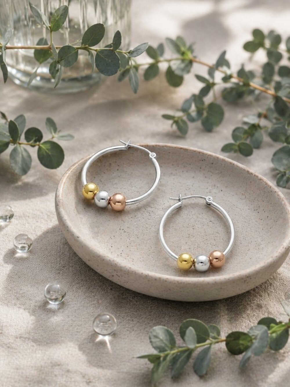 18k Gold Plated SS Tri-Color Beaded Hoop Earrings Gold Rose Gold Silver 1.2"